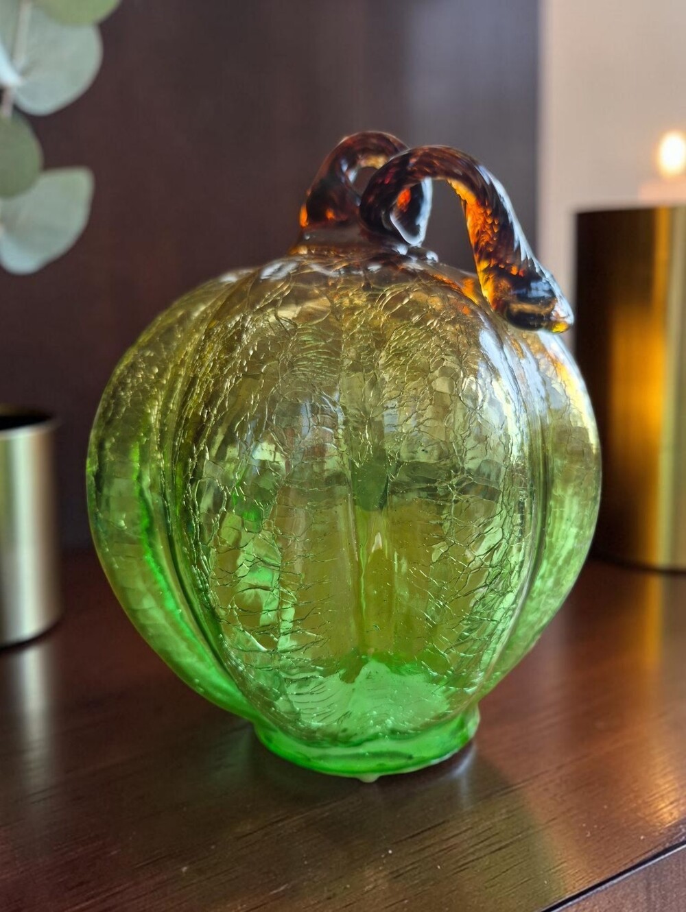 Hand Blown Green Crackle Glass Pumpkin Amber Stem Fall Decor